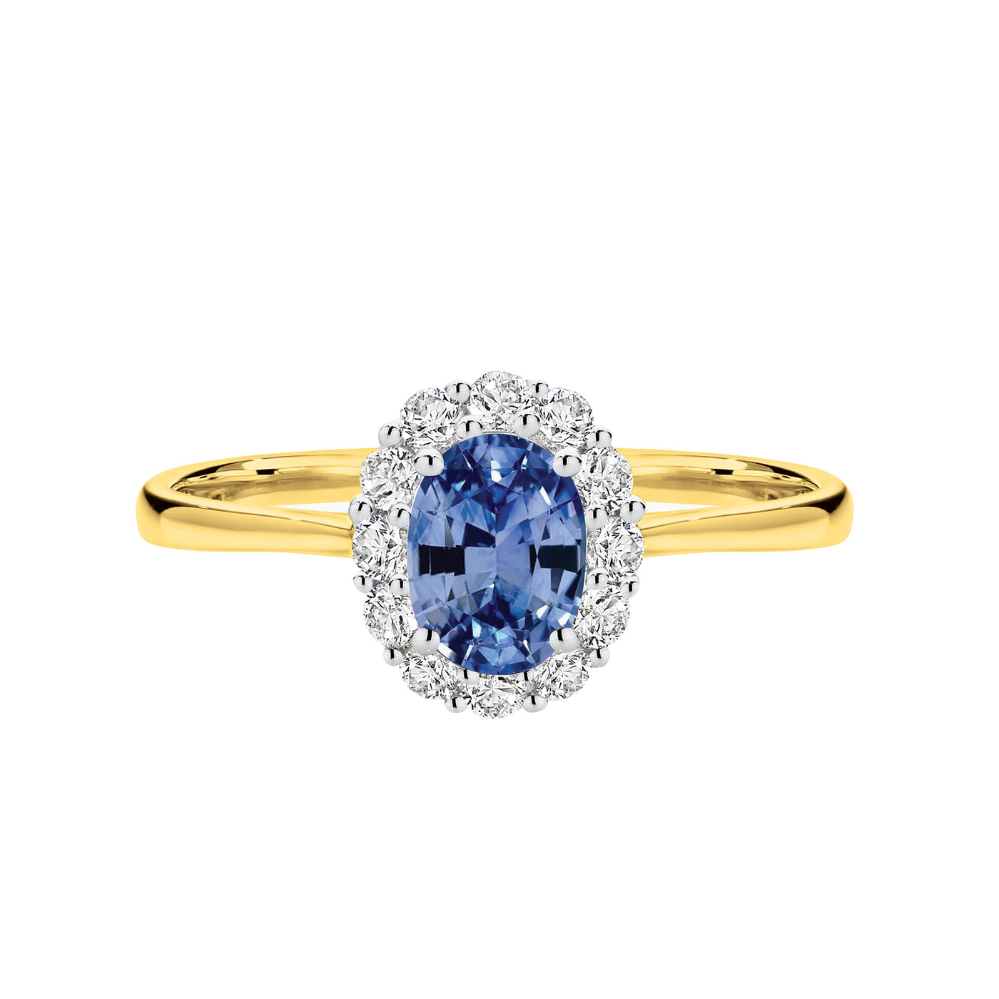 18ct yellow and white gold ring featuring a 7x5mm oval cut Ceylon Sapphire with a halo of Diamonds.