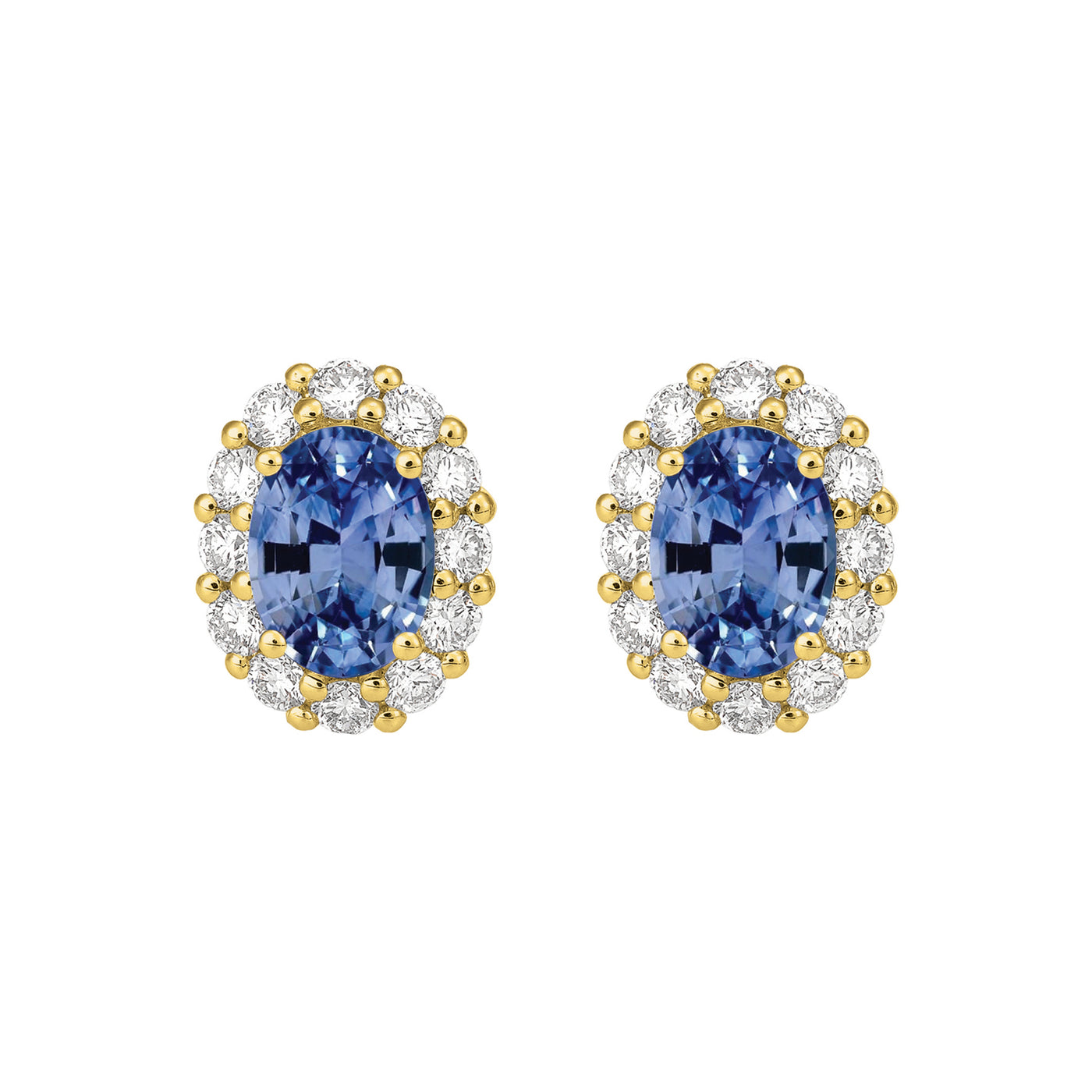 18ct yellow gold earrings featuring a 6x4mm oval cut Ceylon Sapphires with a halo of Diamonds.